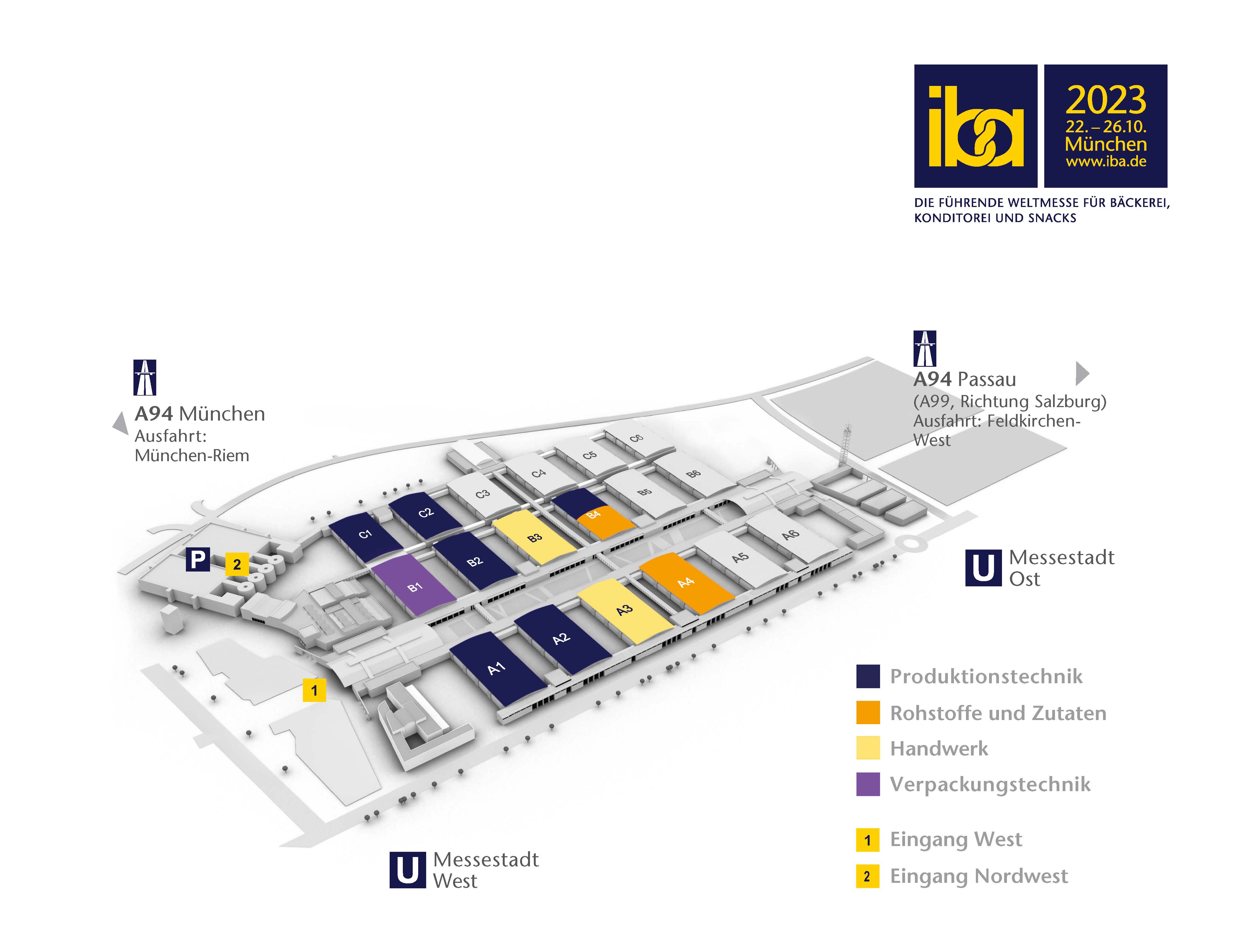 Geländeplan der iba 2023: Die Fachmesse verteilt sich auf insgesamt zehn Hallen. Foto: © GHM