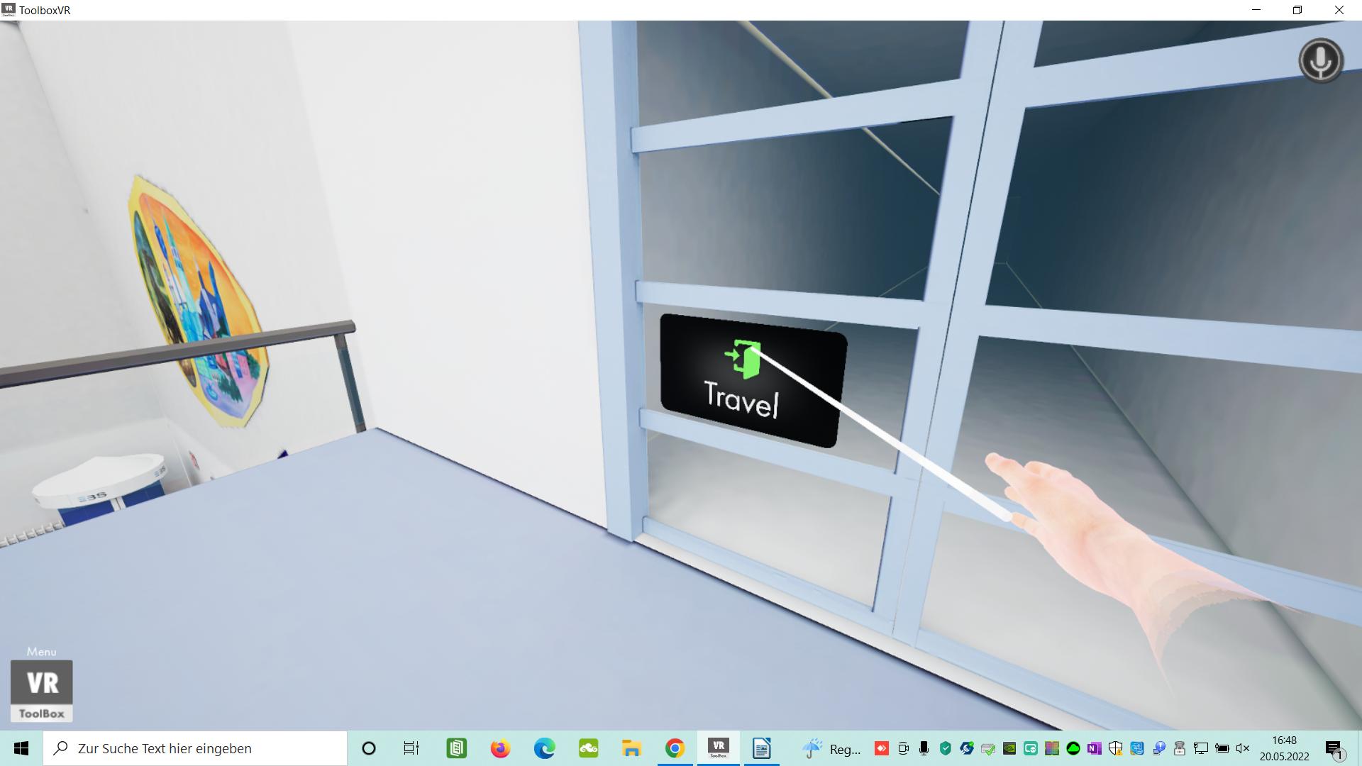 Um in den nächsten Raum zu gelangen, muss erst der Travel-Button aktiviert werden. Nachdem die Datei der VR-Umgebung heruntergeladen ist, lässt sie sich über den Join-Button betreten. Foto: © WIS/EBS/Screenshot