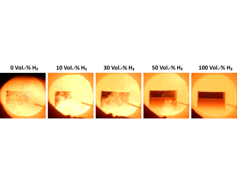 Flammen mit unterschiedlichem Beimischungsgrad von Wasserstoff (volumetrisch). Foto: © GWI Leicher, Islami, Giese, Görner, Overath