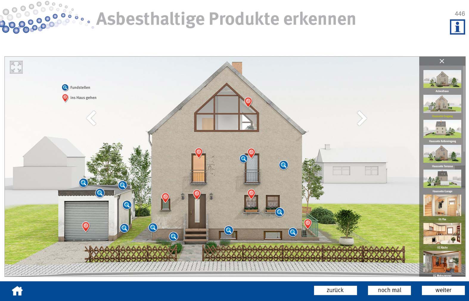 Screenshot aus dem E-Learning-Programm der BG BAU: Ein Beispielhaus von außen betrachtet mit diversen Infopunkten. Foto: © Screenshot BG BAU