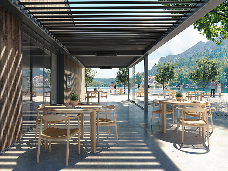 Reihenanlagen werden über einen mittigen Pfosten elegant miteinander verbunden. Foto: © Warema