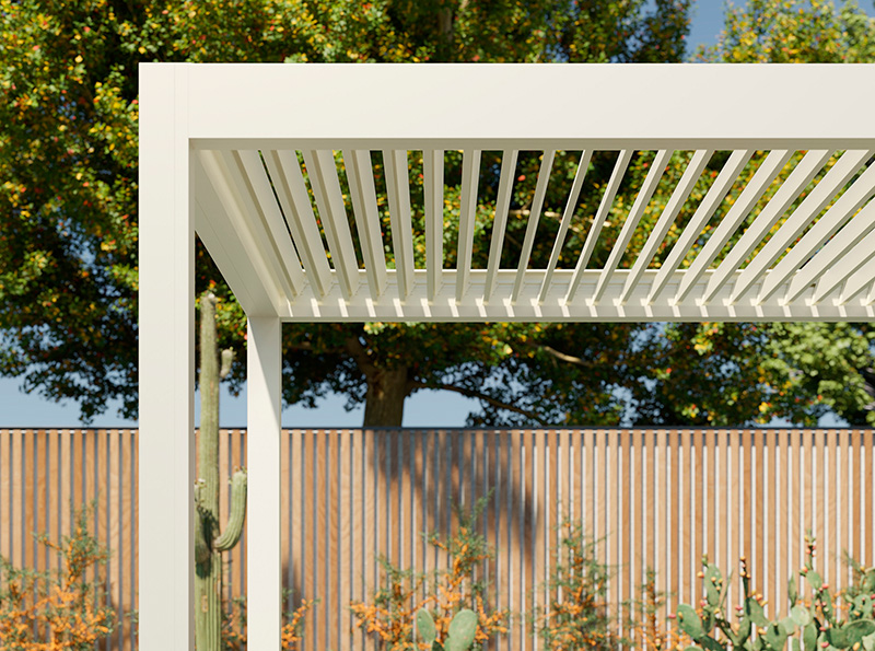 Das bioklimatische Pergolasystem ermöglicht komfortable Aufenthalte im Freien. Foto: © Nova Hüppe