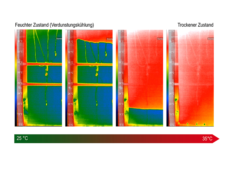 Wärmebildaufnahme vom feuchten (links) zum trockenen Zustand (rechts) der HydroSKIN mit zehn Grad Kühleffekt. Foto: © Christina Eisenbarth, Institut für Leichtbau Entwerfen und Konstruieren