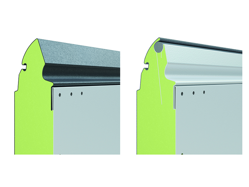 Neue durchdesignte Optik: Auf dem rechten Bild ist am Beispiel der Kopfsektion der einheitliche Farbverlauf auf der Innenseite des neuen Sektionaltores Evolution zu sehen. Links ist im Vergleich dazu die herkömmliche Torlösung abgebildet. Foto: © Novoferm