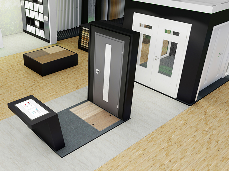 Zukunft Tür im stationären Fachhandel: Hochwertige Beschläge von Griffwerk werden das Visualisierungsportal „DieTür“ bereichern. Am POE (Point of Experience) wird Türenkonfiguration in Echtgröße zum Erlebnis. Foto: © Prüm/Garant