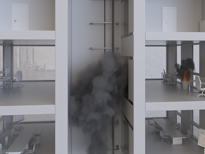 Rauch kommt in den Schacht: Hier zeigen wir, wie der Rauch aus der Etage in den Schacht drückt. Foto: © B.A.S.E. Solution GmbH