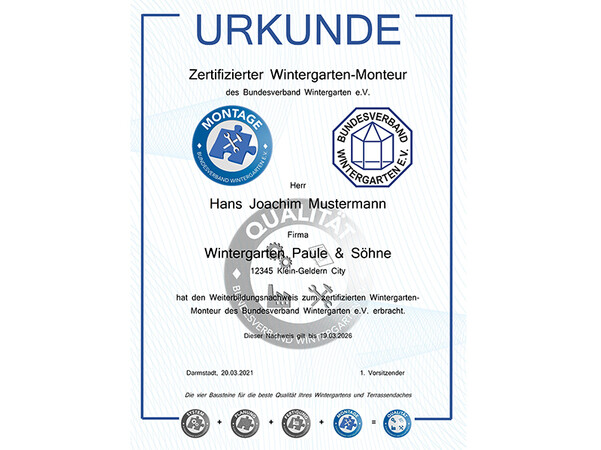 Muster eines Zertifikats des Bundesverbandes für den Bereich Montage. Foto: © Bundesverband Wintergarten e.V.
