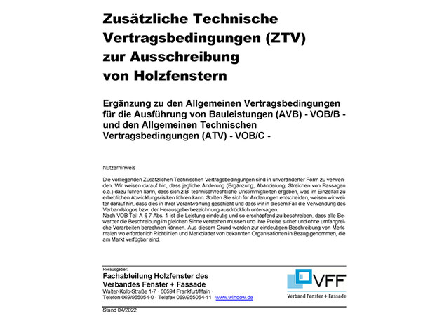 Deckblatt der neuen ZTV zur Ausschreibung von Holzfenstern. Foto: © VFF
