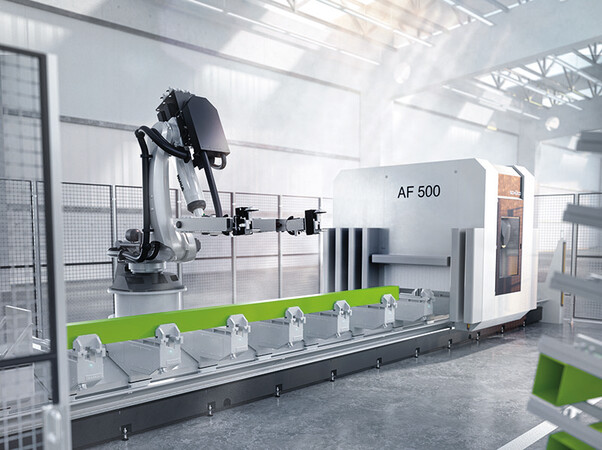 Die Robotertechnologie ist perfekt an die Maschine angepasst und optimiert den Fertigungsprozess. Foto: © Schüco International KG