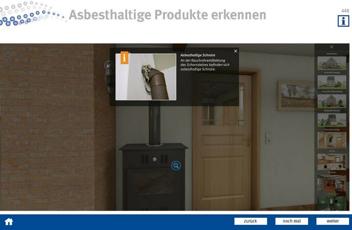 Screenshot aus dem E-Learning-Programm der BG BAU mit einer Detailinfo aus dem Inneren des Beispielhauses. Foto: © Screenshot BG BAU