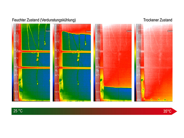 Wärmebildaufnahme vom feuchten (links) zum trockenen Zustand (rechts) der HydroSKIN mit zehn Grad Kühleffekt. Foto: © Christina Eisenbarth, Institut für Leichtbau Entwerfen und Konstruieren